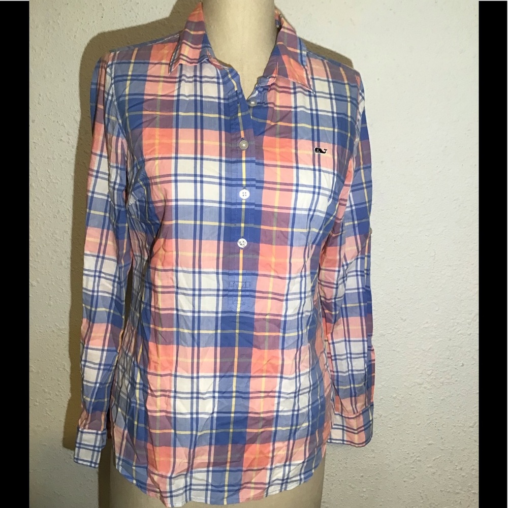 Vineyard vines pink/ blue plaid 1/4 button up blouse size 4